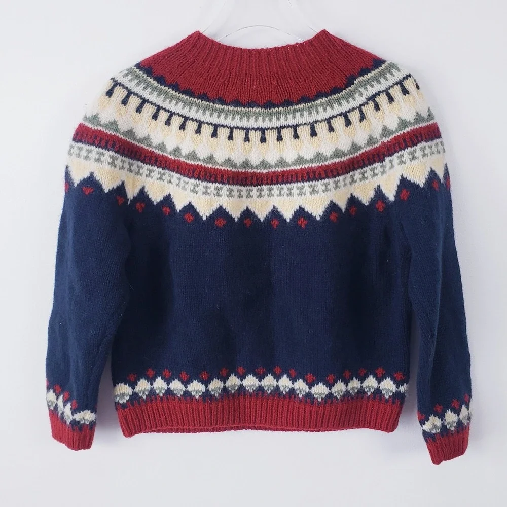 Eddie Bauer Fair Isle Wool Sweater Navy Blue Red Crewneck Womens Petite Medium - Picture 2 of 5